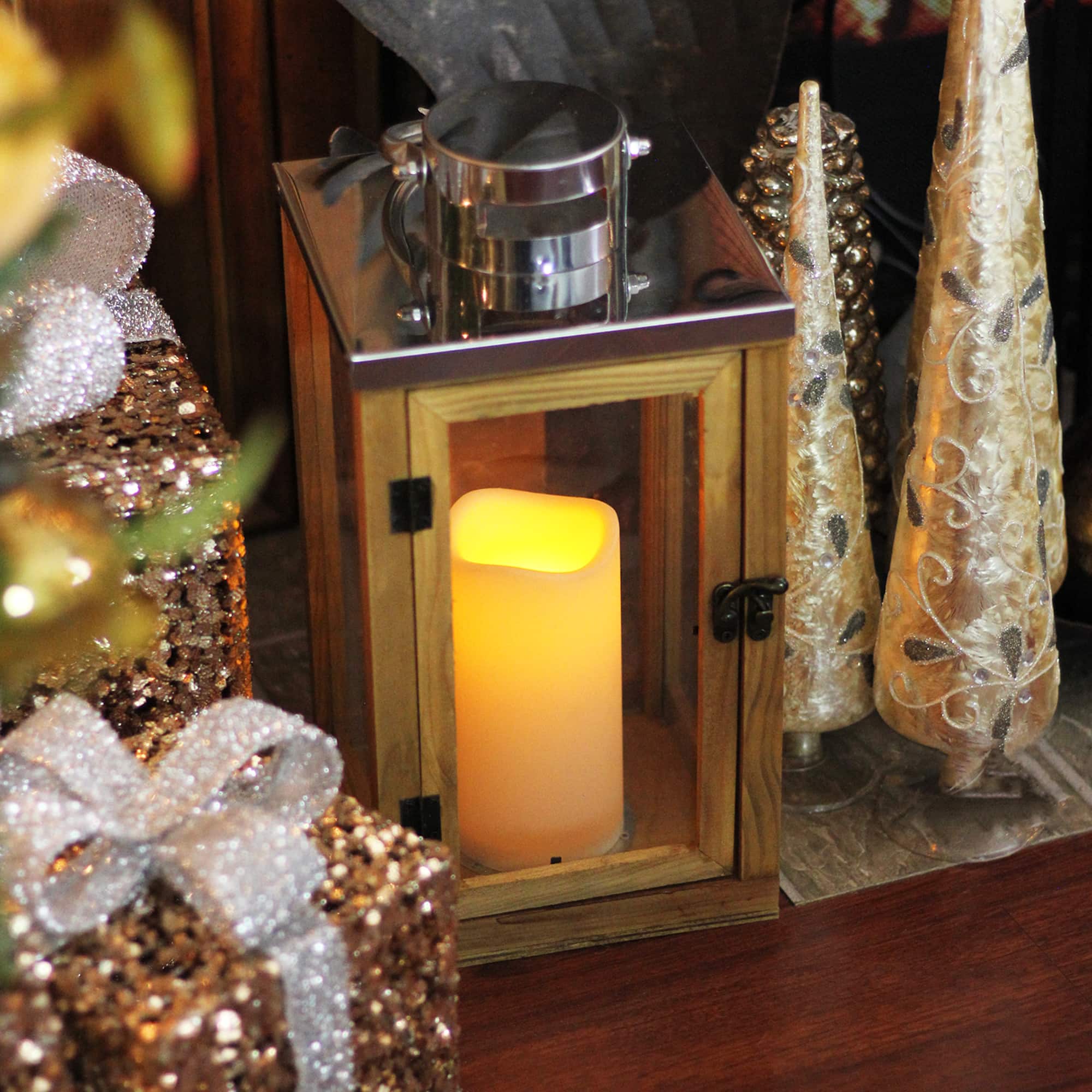 13.75" Rustic Wood and Glass Flameless Pillar Candle Lantern